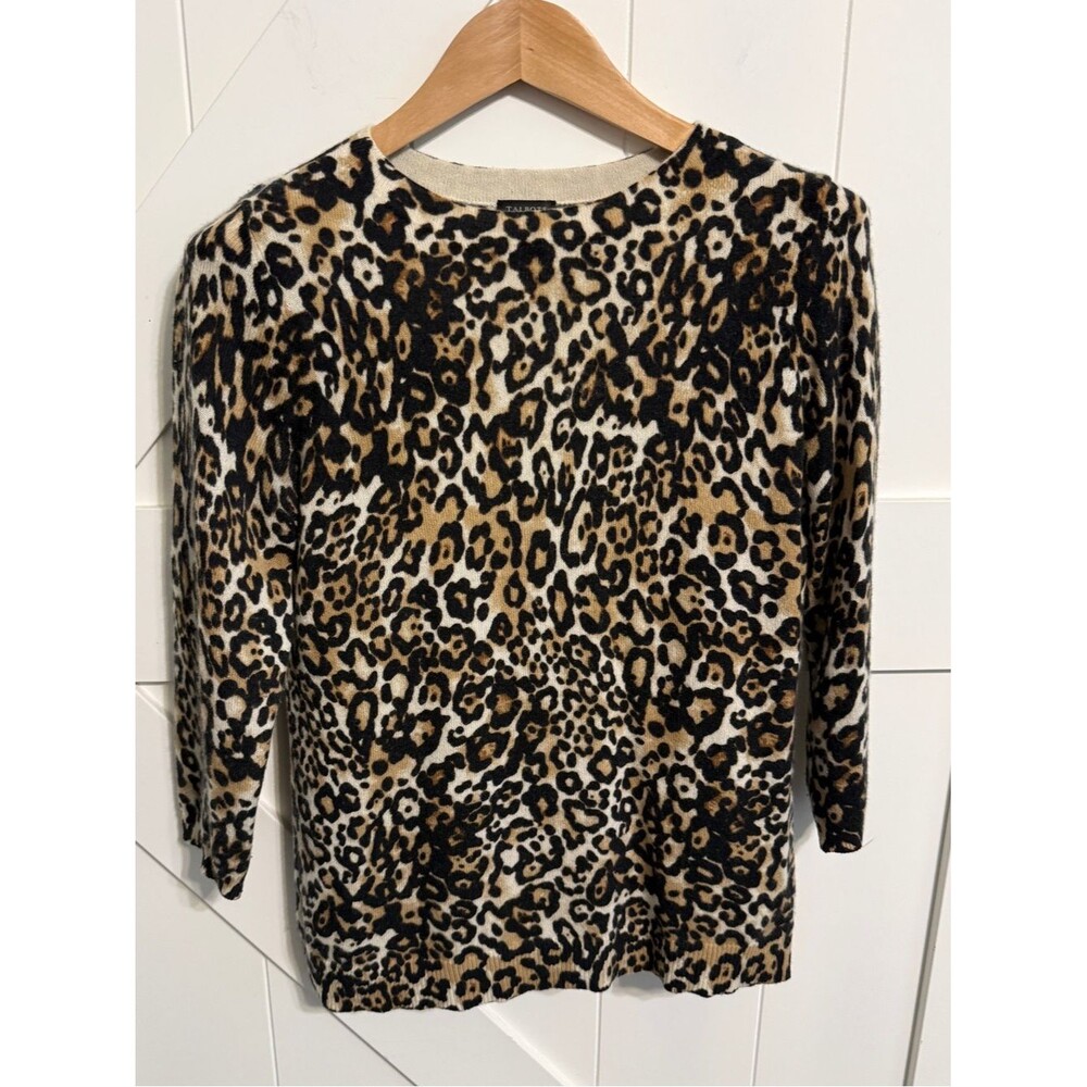 Talbots 100% Cashmere Leopard Print Women’s Medium Crewneck Sweater Black  Brown